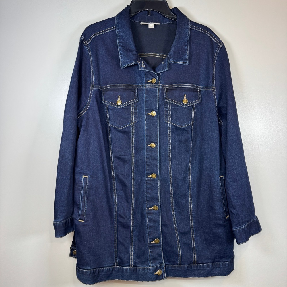 Woman Within Dark Wash Denim Jacket‎ Womens 24W Blue Longline Stretch Classic